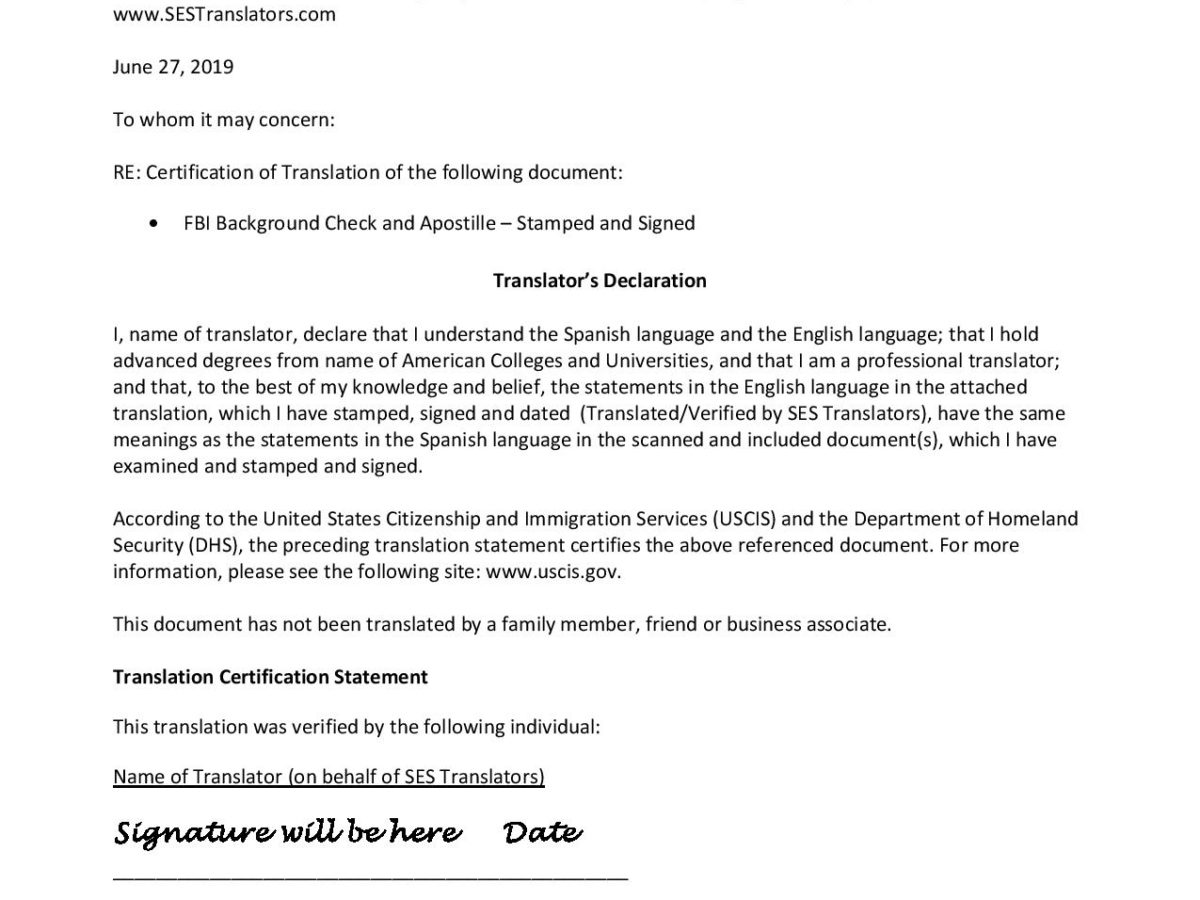 FBI Background Check Translation and Federal Apostille Translation Services  | SES Translators (2 to 8 Hours)
