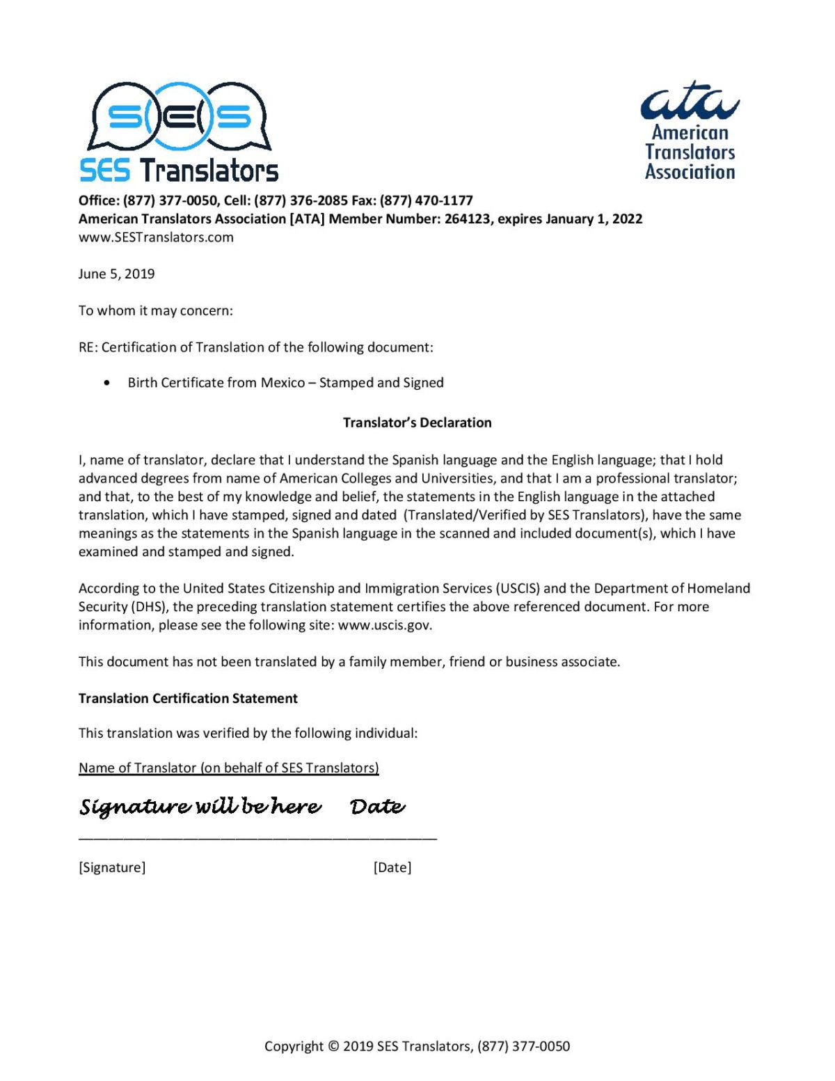 USCIS (Immigration) Translation Services  SES Translators Inside Uscis Birth Certificate Translation Template