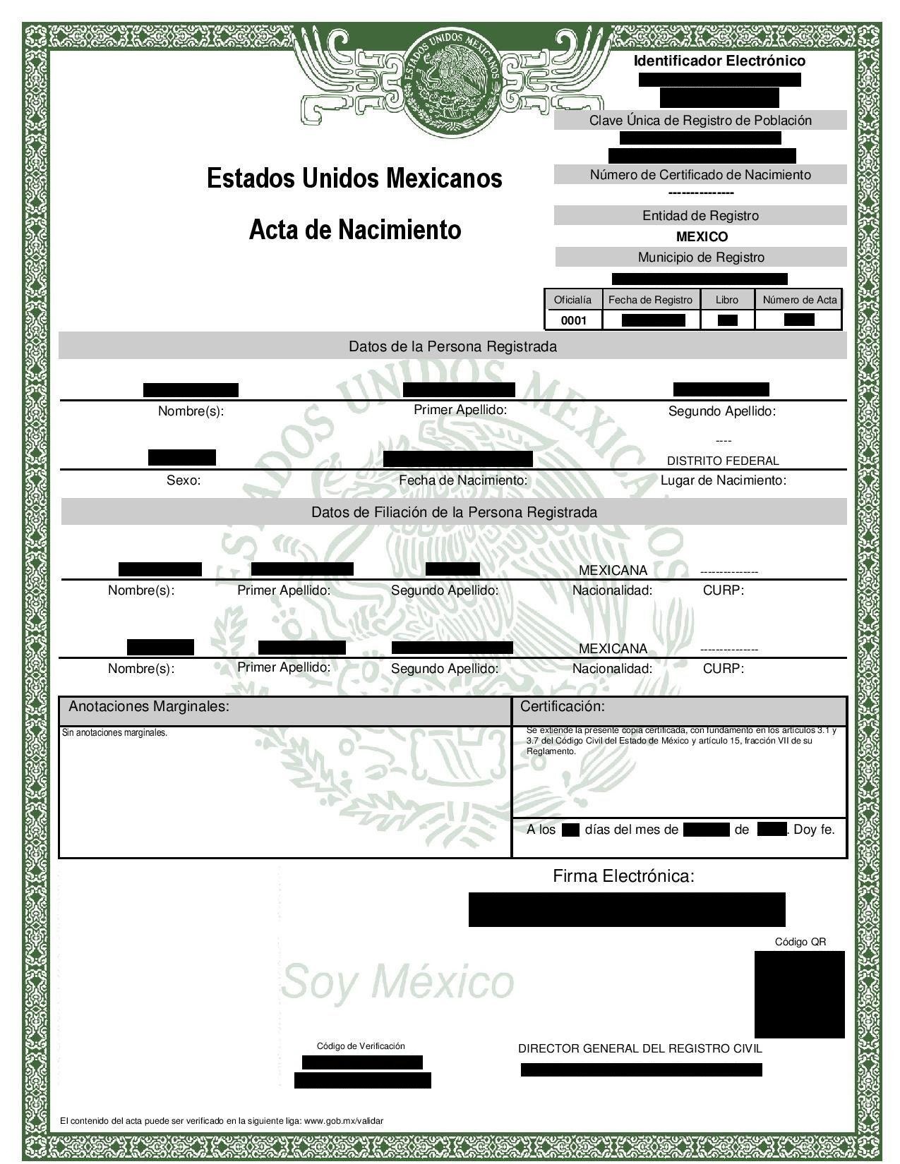 Sample Original Mexican Birth Certificate